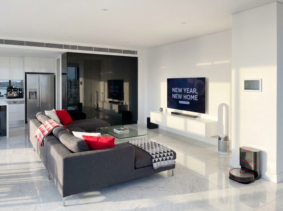 A contemporary Sydney home interior, showcasing an ultra-modern living room with cutting-edge smart home maintenance tools and advanced appliances.
