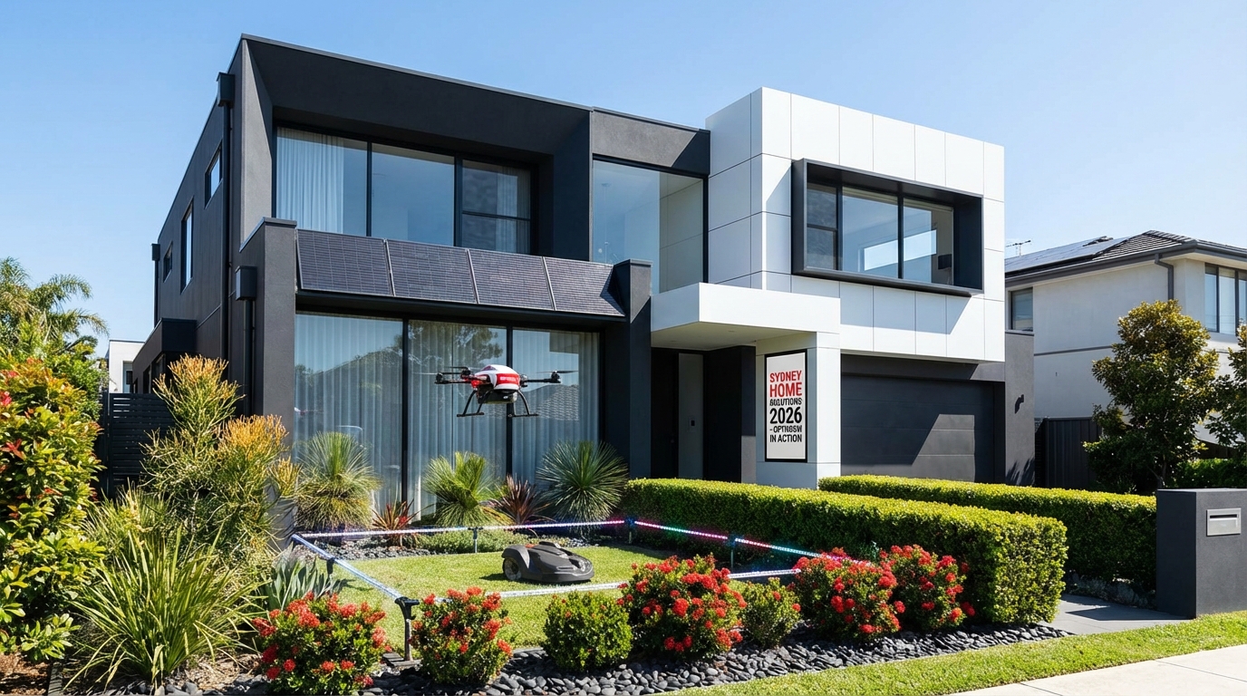A futuristic Sydney neighborhood in 2026, showcasing a sleek and modern home exterior with a meticulously manicured garden.