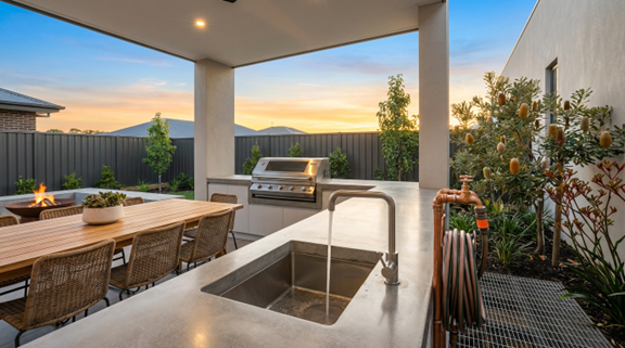 Modern outdoor plumbing Sydney backyard with outdoor kitchen, BBQ area, and premium plumbing fixtures for summer entertaining
