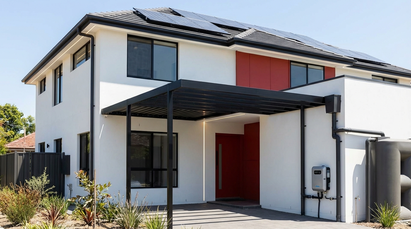 Modern Sydney home with smart energy-efficient upgrades including solar panels, LED lighting, and efficient plumbing systems to reduce energy bills Sydney
