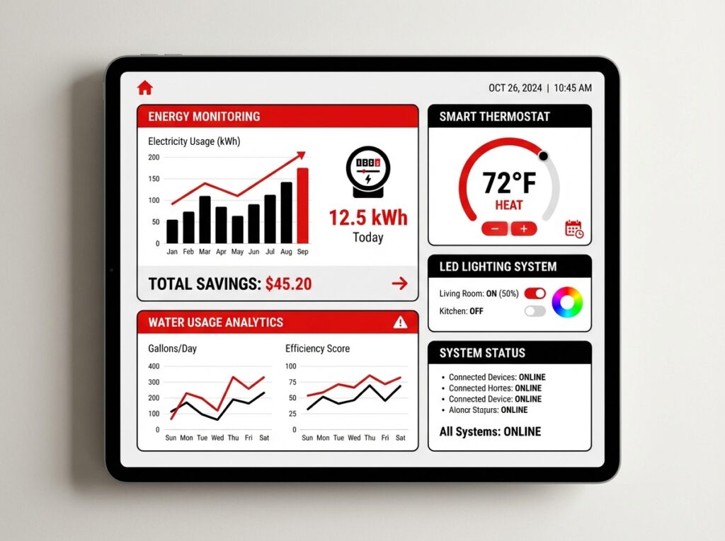 Smart home energy monitoring dashboard displaying electricity usage, LED lighting controls, and water efficiency analytics to reduce energy bills Sydney homes
