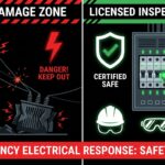 Electrical safety after storms Sydney emergency response guide showing storm damage hazards and professional electrical inspection