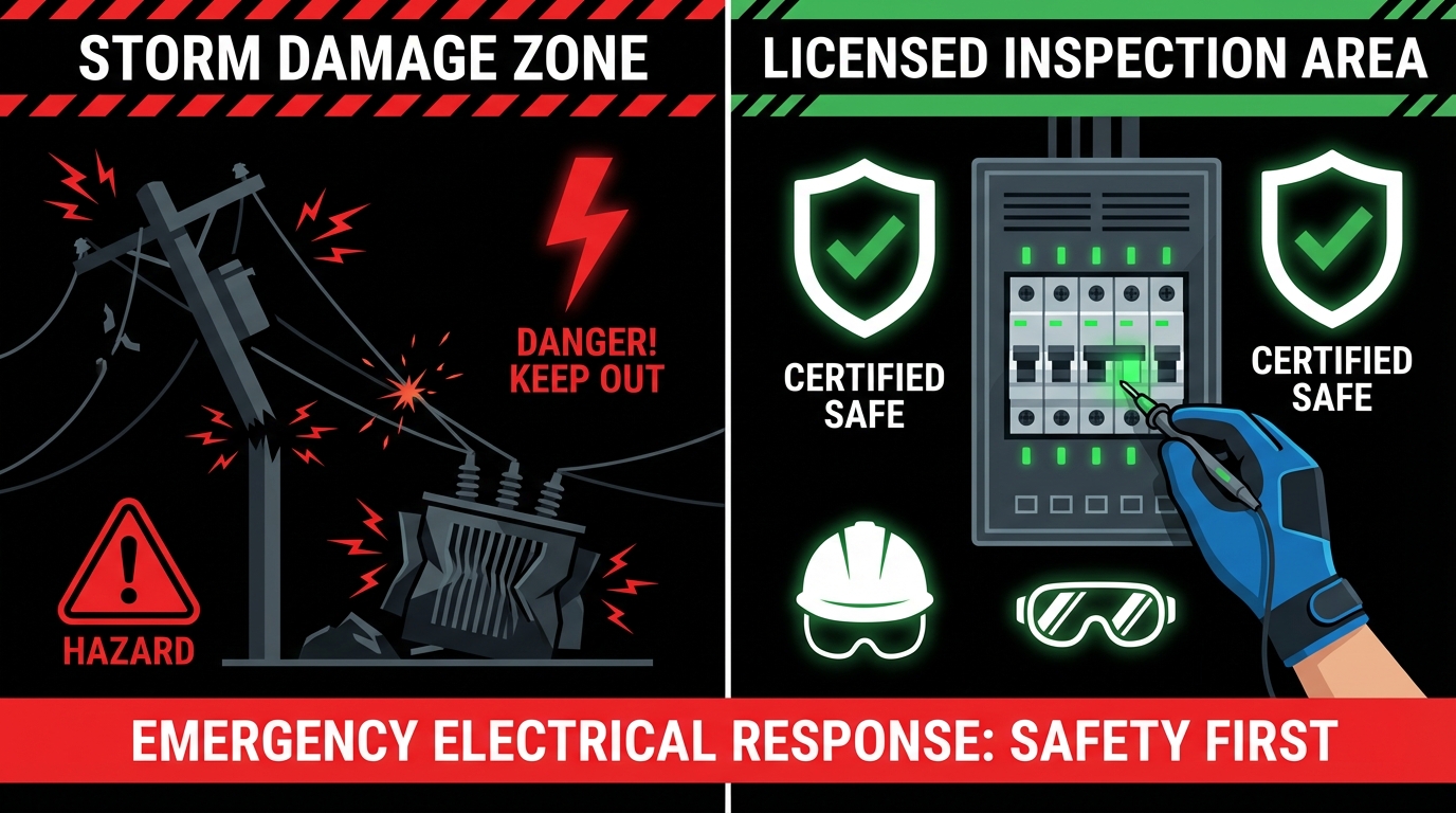 Electrical safety after storms Sydney emergency response guide showing storm damage hazards and professional electrical inspection