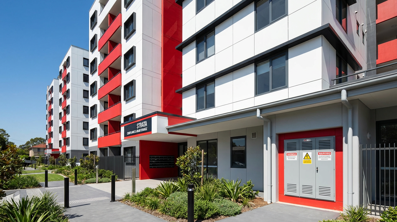Modern strata building complex in Sydney showing well-maintained common property for strata compliance NSW
