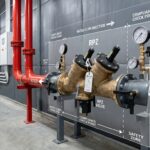 Commercial backflow prevention device RPZ valve system with blue pipes and orange safety indicators showing compliance standards for Sydney businesses