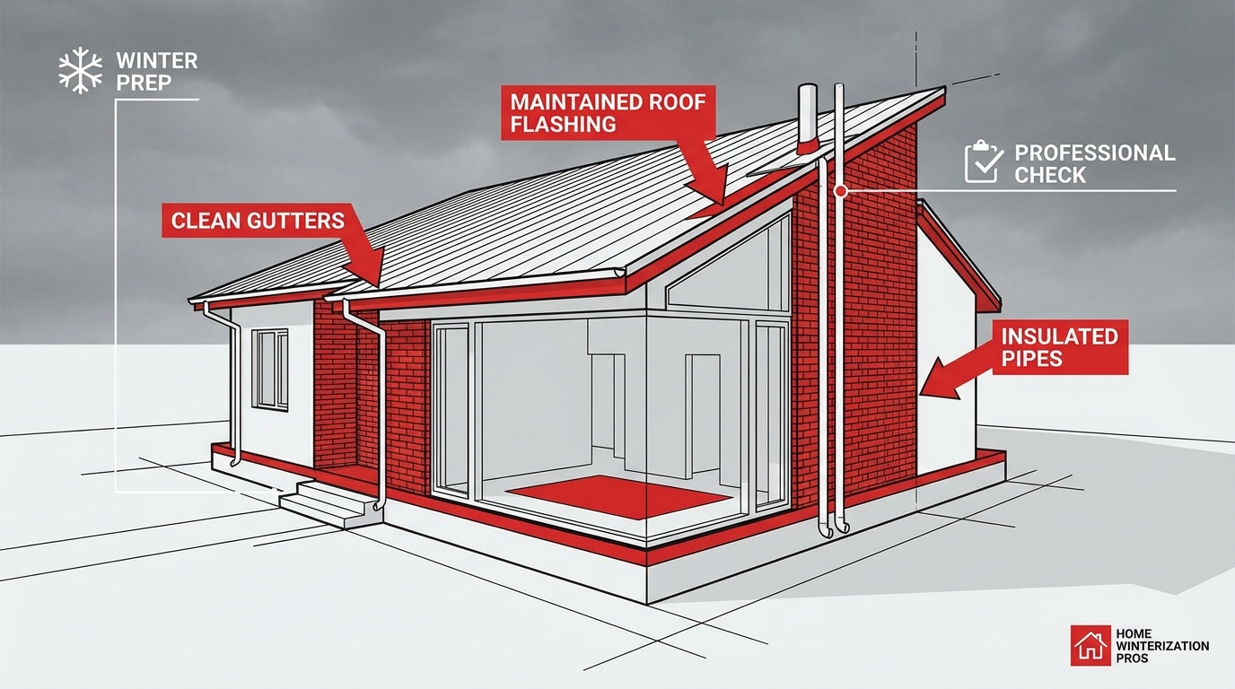 winter home maintenance preparation showing house exterior plumbing electrical roofing systems