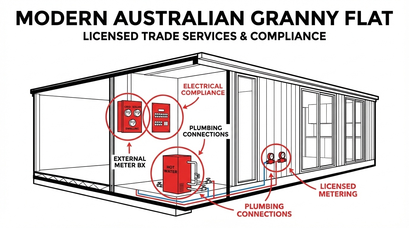 Modern NSW granny flat secondary dwelling showing separate electrical meter box switchboard plumbing connections hot water system compliance installations Sydney