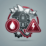 Emergency plumbing and electrical homeowners warning signs with red alert icons