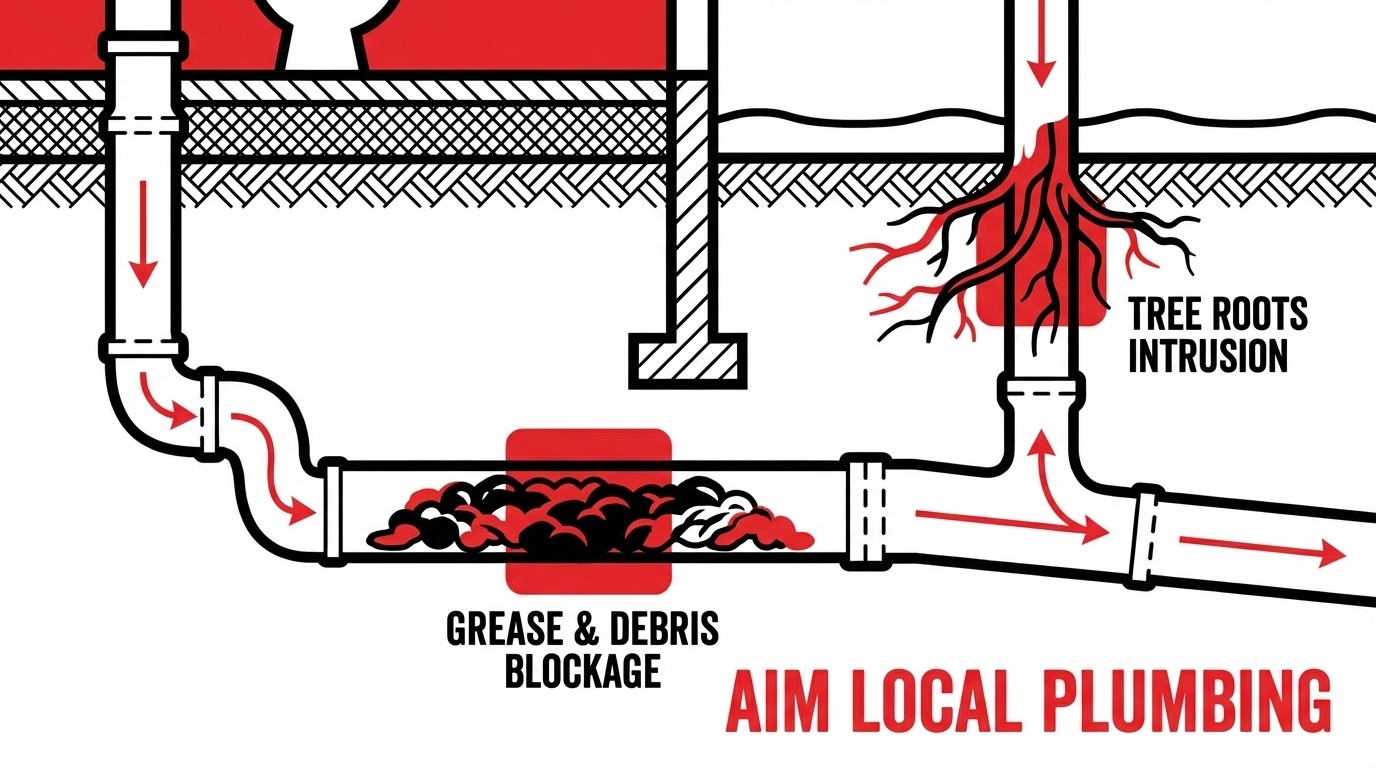 Professional plumbing drainage system diagram showing blocked drains Sydney with tree roots grease buildup and debris causing common blockages