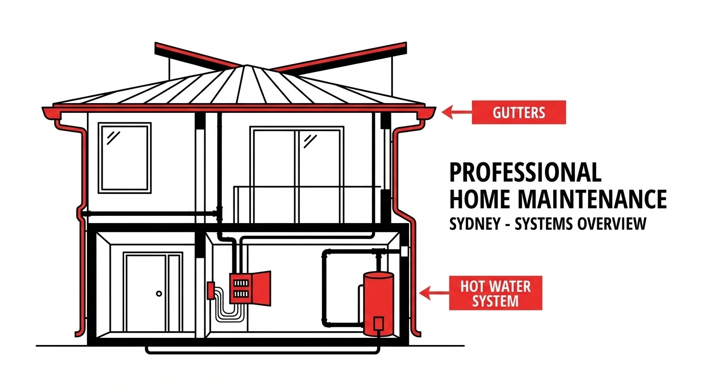Autumn home maintenance Sydney showing house cross-section with gutters plumbing electrical systems highlighted for seasonal preparation