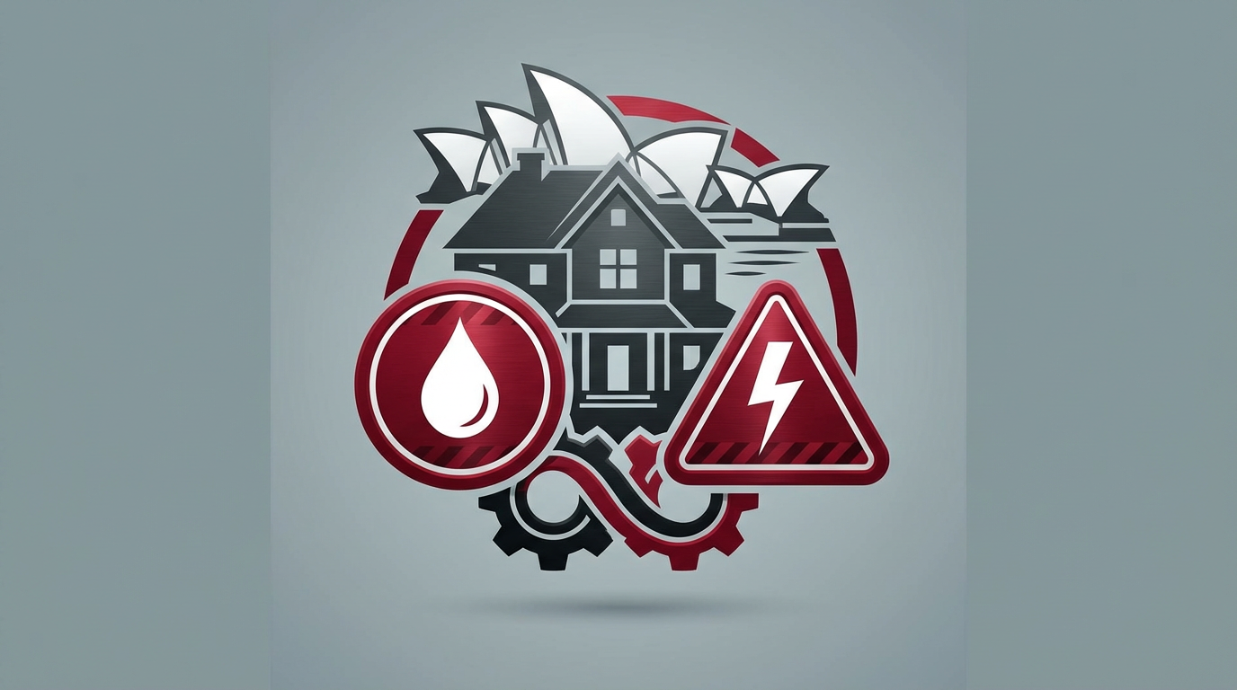 Emergency plumbing and electrical homeowners warning signs with red alert icons