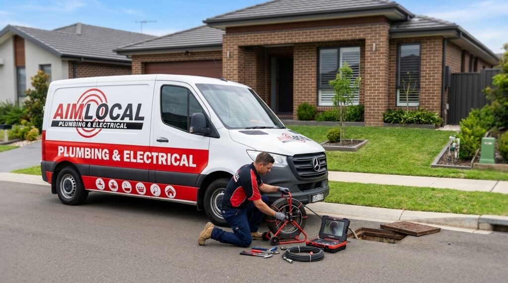 AIM LOCAL licensed plumber performing CCTV drain camera inspection blocked drains Sydney professional service