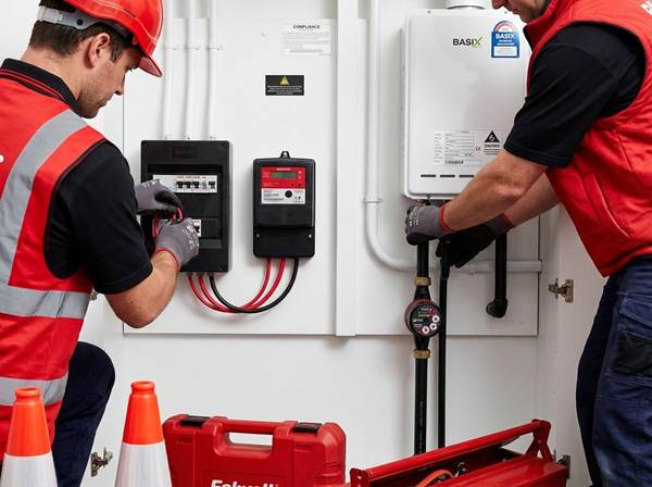 Licensed electrician plumber installing separate meter, electrical switchboard, BASIX hot water system, plumbing connections for NSW compliance work granny flat requirements