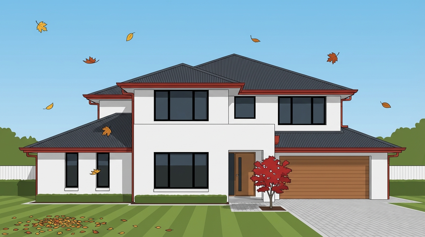 Professional Sydney home with clean red gutters and well-maintained roof during autumn season with falling leaves
