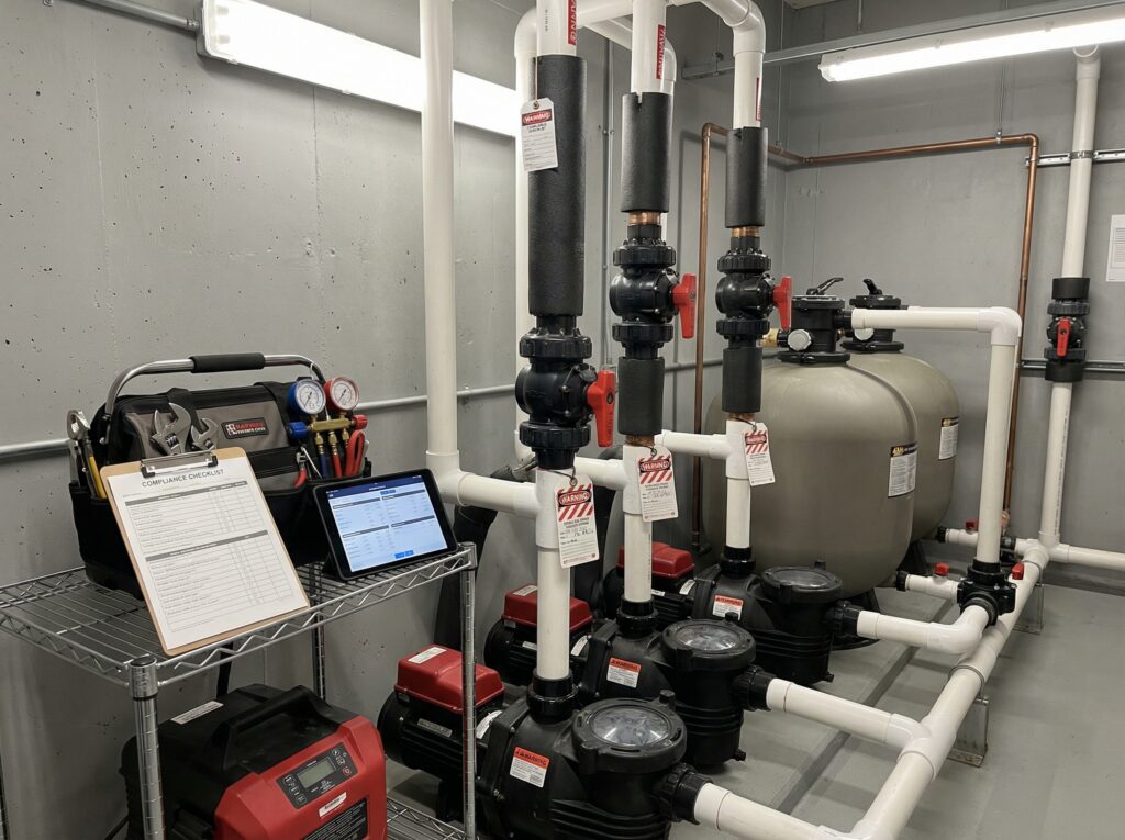 Pool plumbing maintenance equipment showing pump filter and plumbing system inspection for Sydney NSW compliance requirements