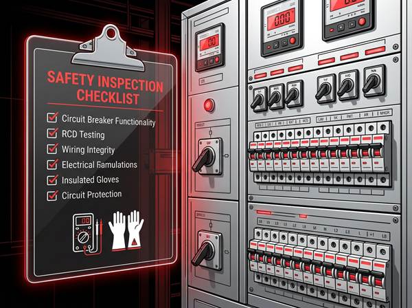 Licensed electrician conducting electrical safety compliance checklist inspection of modern switchboard with RCD safety switches and circuit breakers