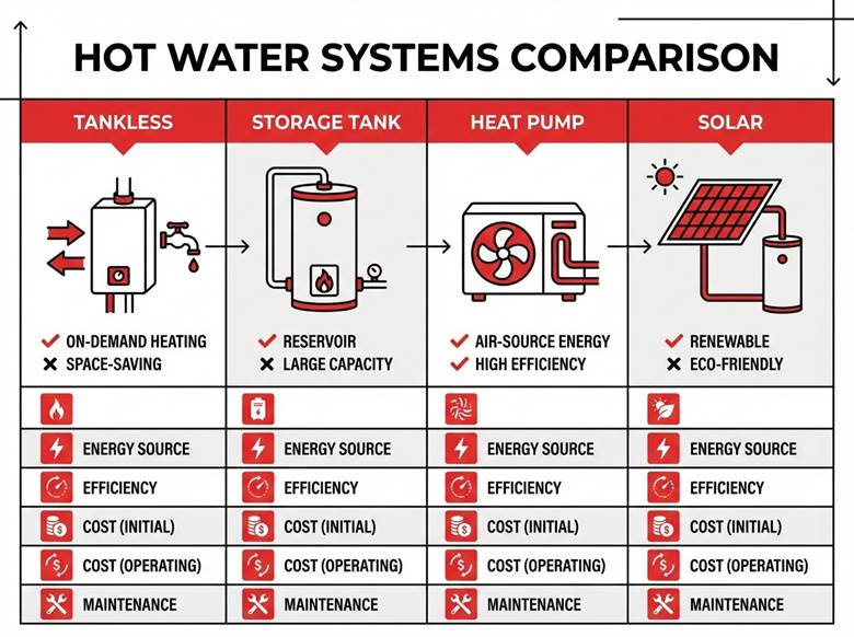 Hot water system types comparison infographic showing tankless, storage tank, heat pump and solar water heaters for hot water autumn maintenance