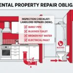 Landlord plumbing repairs responsibility NSW infographic showing burst pipe blocked toilet hot water system failure electrical fault rental property