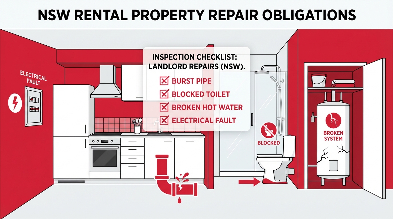 Landlord plumbing repairs responsibility NSW infographic showing burst pipe blocked toilet hot water system failure electrical fault rental property