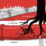Underground drainage pipes with tree roots infiltrating through cracks in Sydney suburbs with clay soil layers