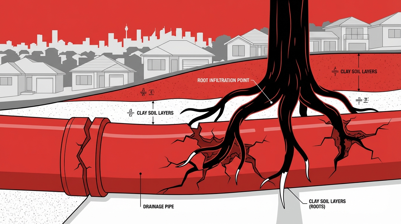 Underground drainage pipes with tree roots infiltrating through cracks in Sydney suburbs with clay soil layers