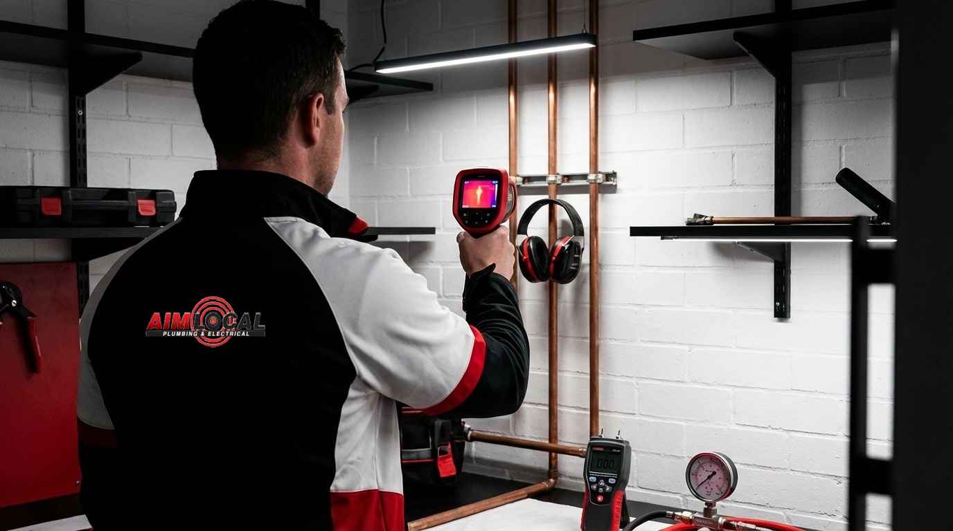 Sydney water bill investigation showing professional plumber using thermal imaging and acoustic leak detection equipment to find hidden water leaks in residential property