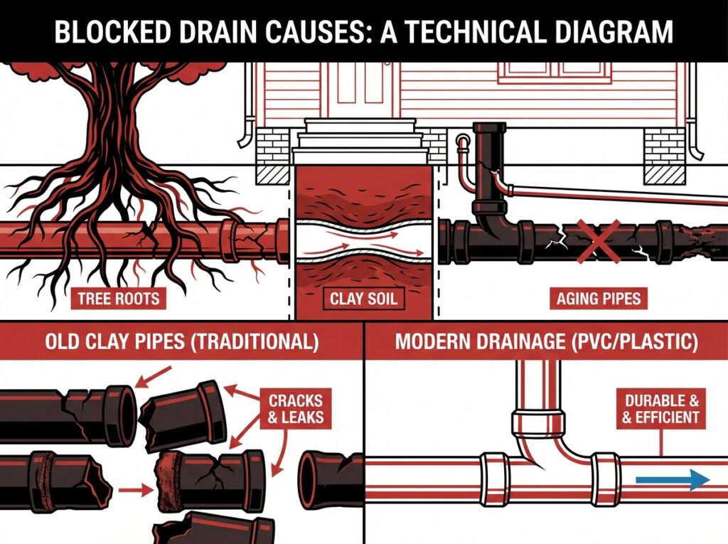 Diagram showing causes of Sydney suburbs worst blocked drain including tree roots, clay soil, and aging pipes in Sydney suburbs