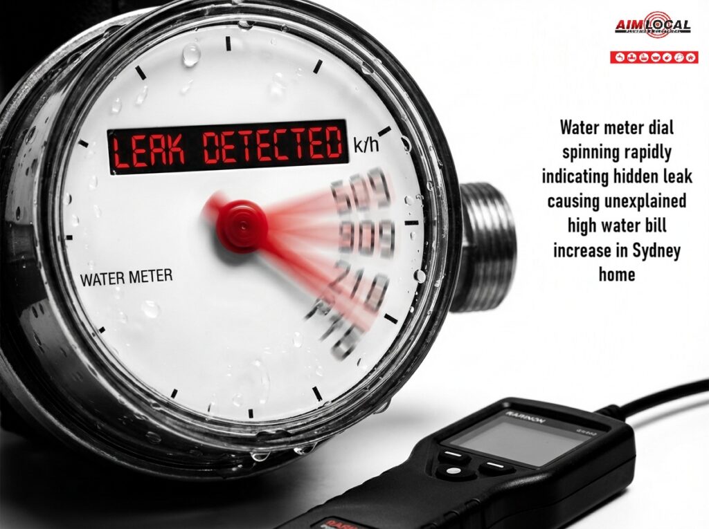 Water meter dial spinning rapidly indicating hidden leak causing unexplained high water bill increase in Sydney home