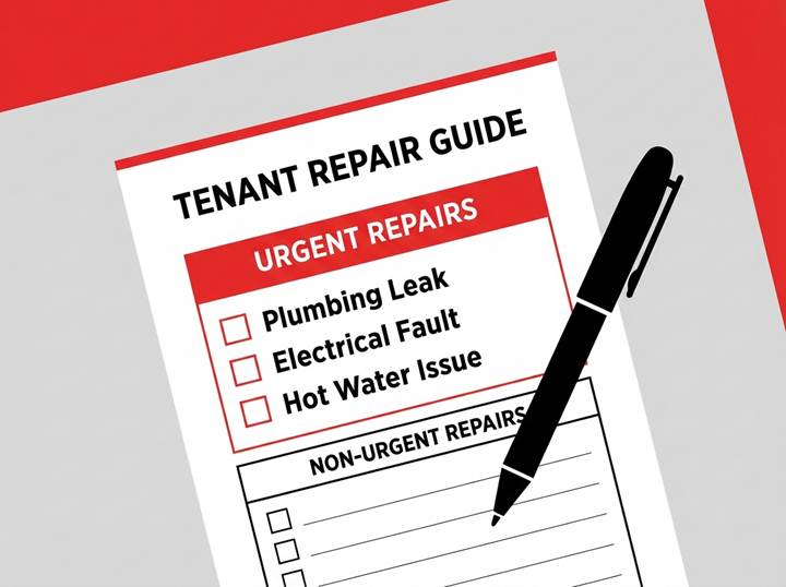 Printable checklist for NSW tenants showing urgent and non-urgent landlord repair responsibilities.