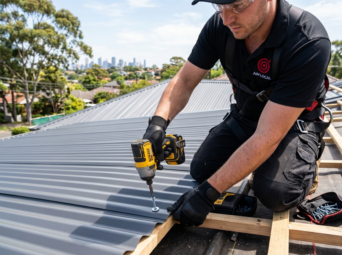 Colorbond roofing installation Sydney — professional roofer securing steel panels