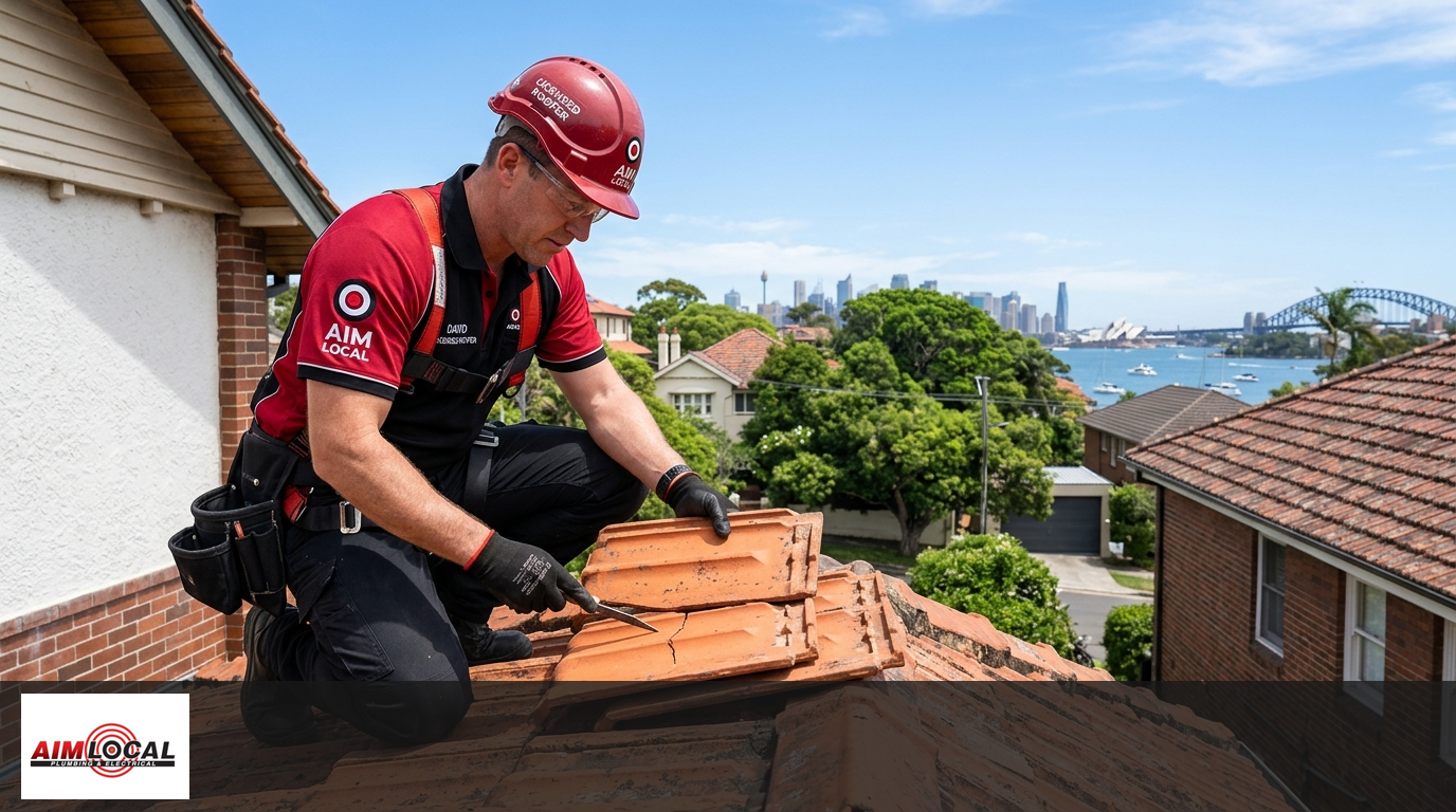 Roof replacement cost Sydney — AIM LOCAL licensed roofer inspecting tiles on Sydney home