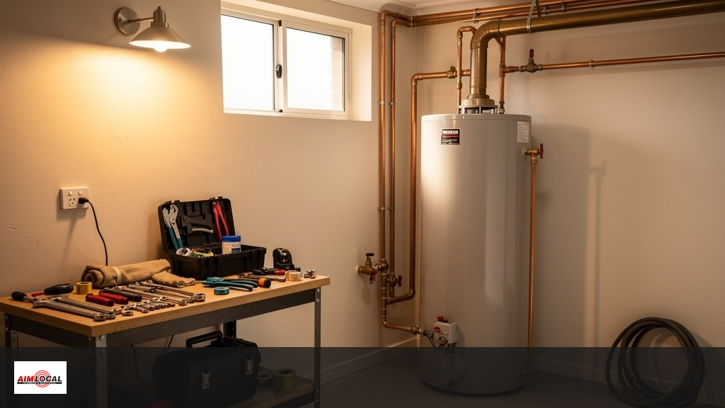 Water heater tank with copper pipes in Sydney utility room — AIM LOCAL plumbing