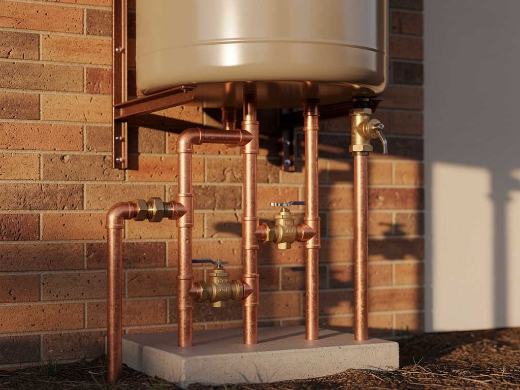 Copper pipes and brass valves beneath a hot water system on an external brick wall