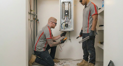 Professional plumbing specialist installing electric and gas hot water heaters with Australian standards compliance across Sydney