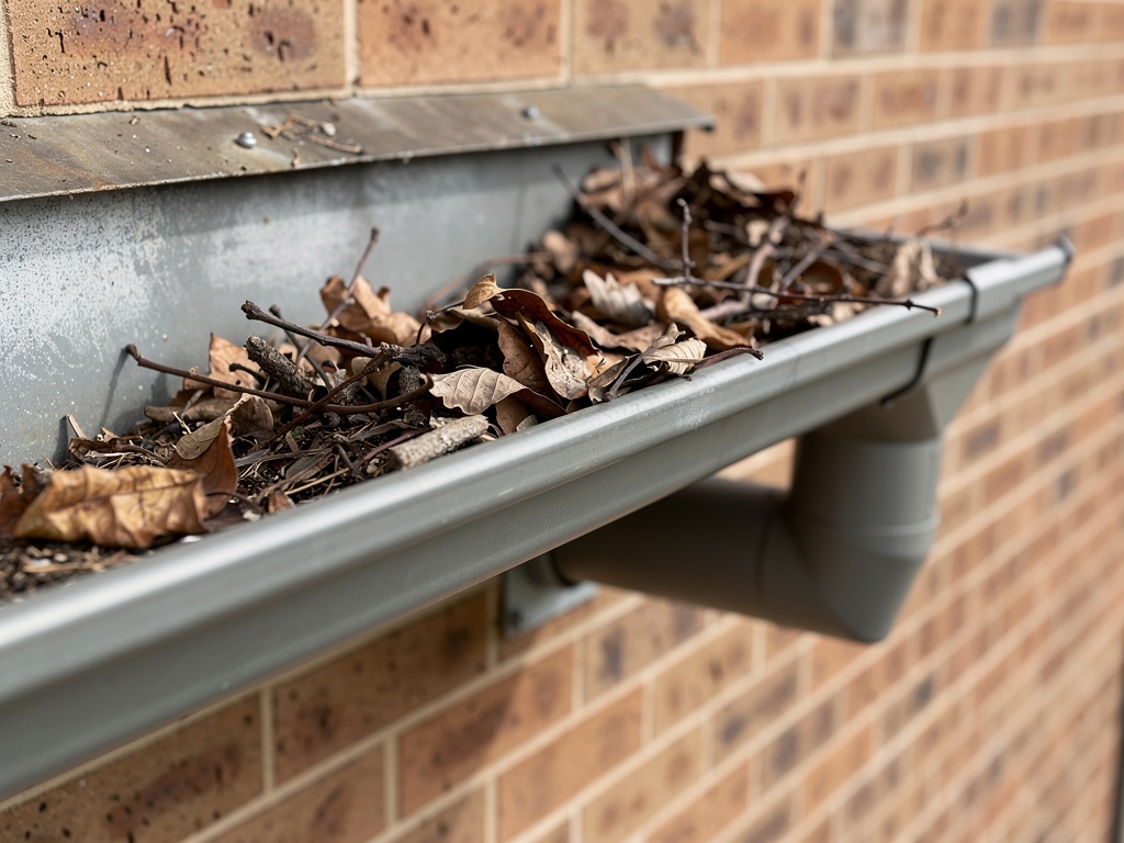Leaves and debris in roof gutter on Australian brick veneer home