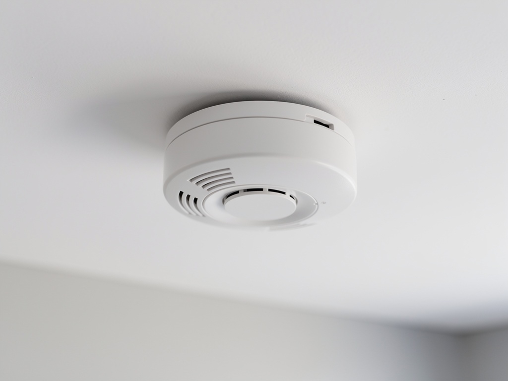 Close-up of photoelectric smoke alarm installed on ceiling of Australian home