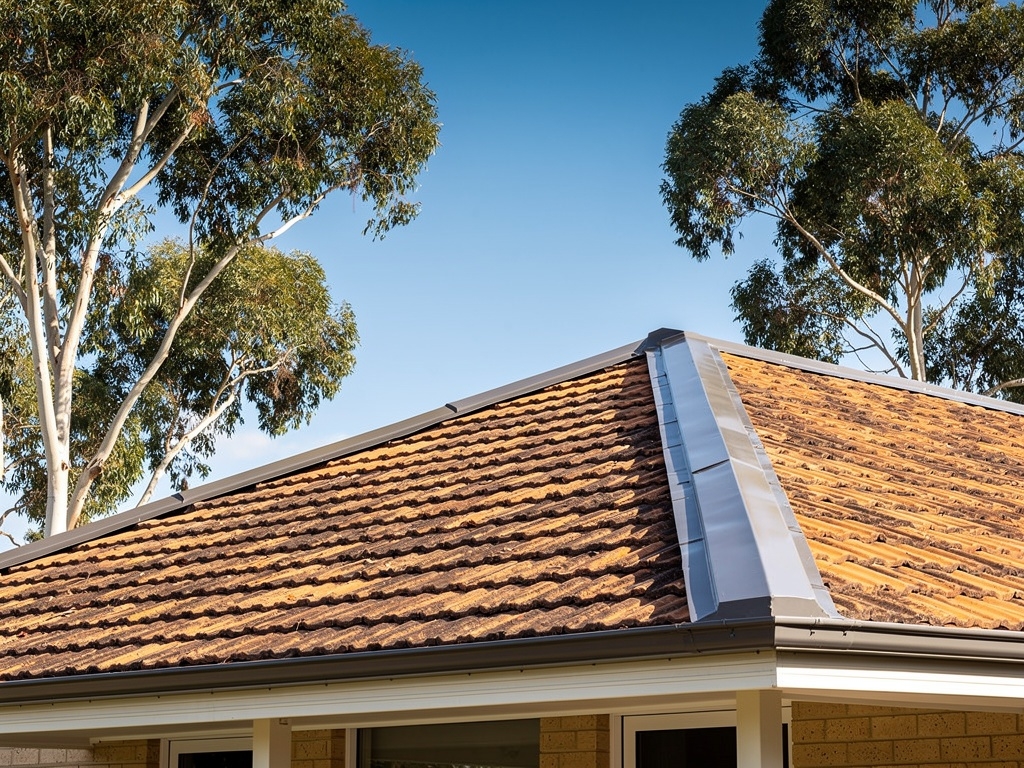 Australian suburban home roofline showing terracotta tile detail and Colorbond ridge capping with gum trees and blue sky in a Central Coast setting